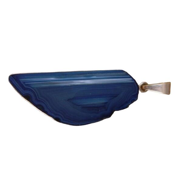 Sterling Silver Blue Agate Slice Pendant, Vintage Blue Stone Pendant - Picture 2 of 6